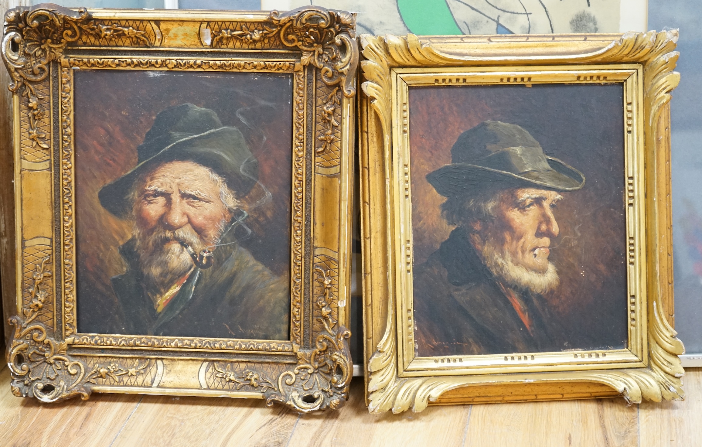 French School, pair of oils on panel, Portraits of gentlemen smokers, indistinctly signed, 26 x 21cm, frames differ. Condition - fair, loose within the frames